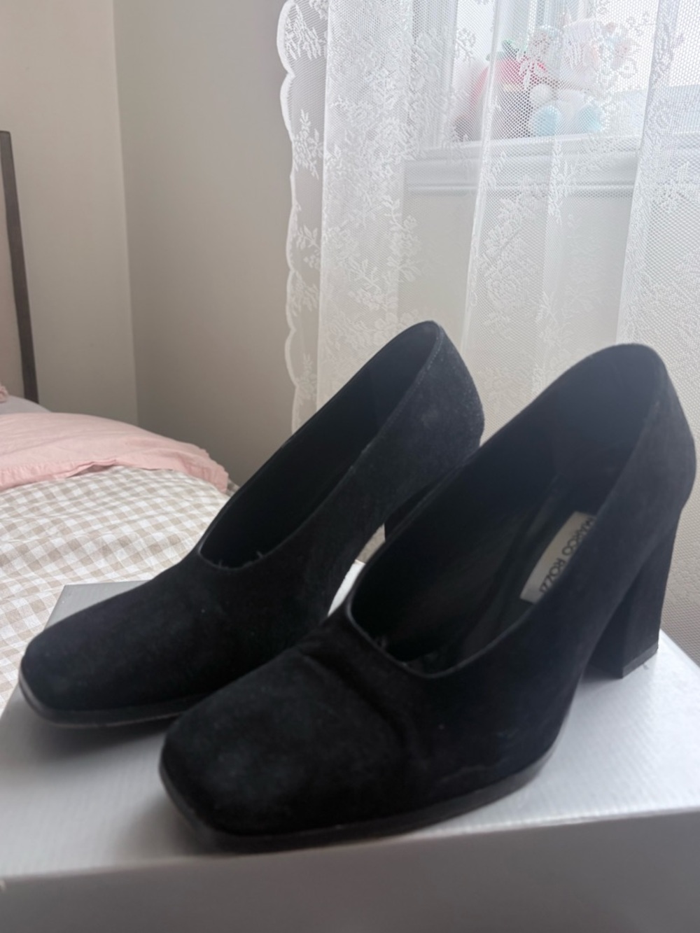 Classic Black Suede Block Heel Pumps